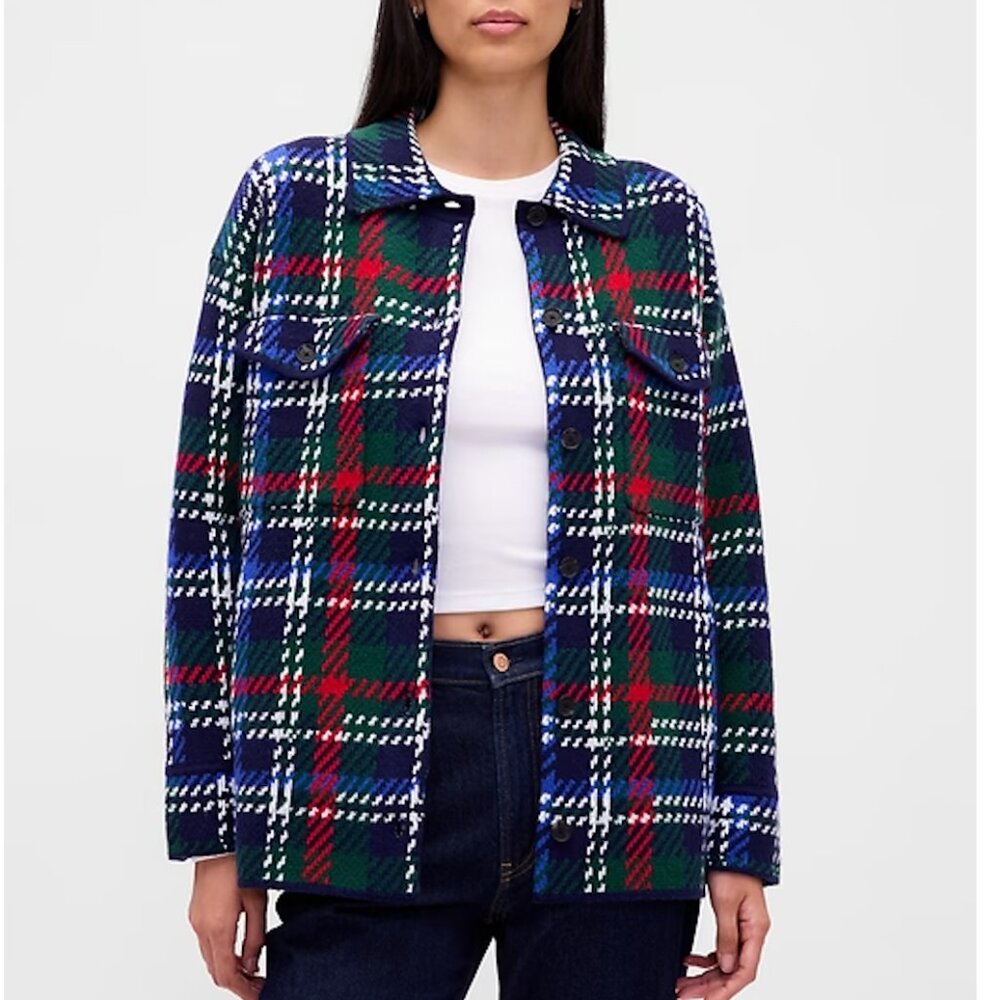 Gap Knit Plaid Green Blue Red Shirt Jacket Overshirt Shacket